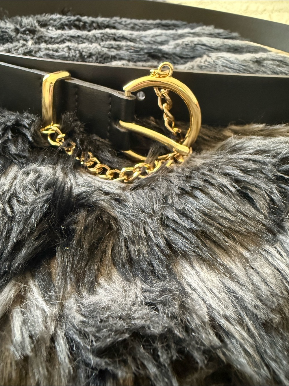 Black Leather Belt with Gold Chain Detail